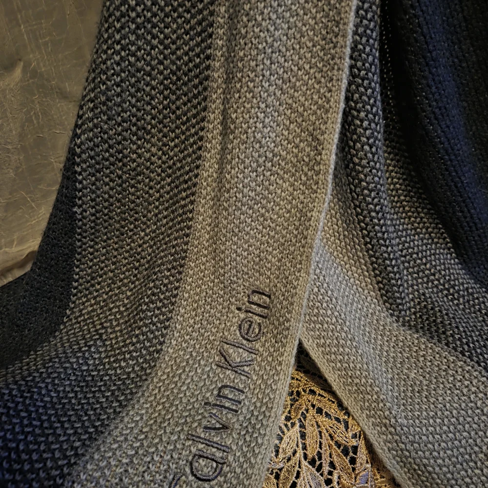 Calvin Klein Gray & Black Logo Knit Scarf | Fringe Winter Scarf